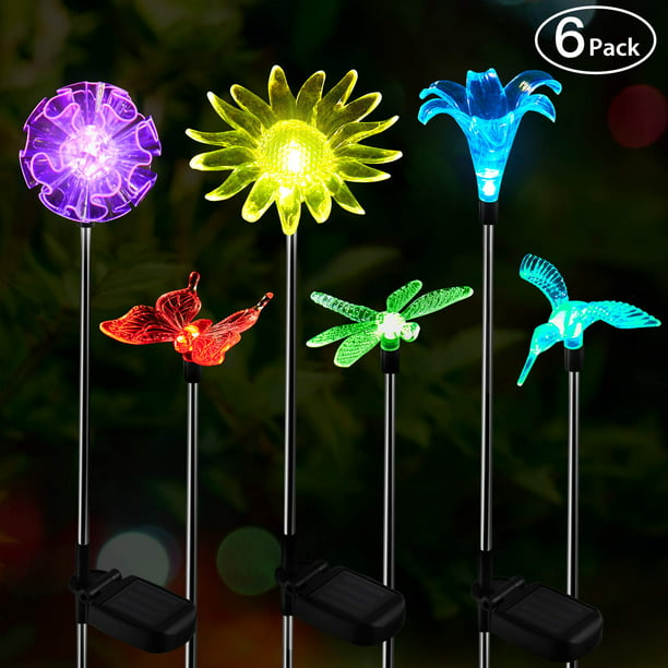 Set of 3 Solar Powered Lighted Hummingbirds w/ Flowers Garden Statues